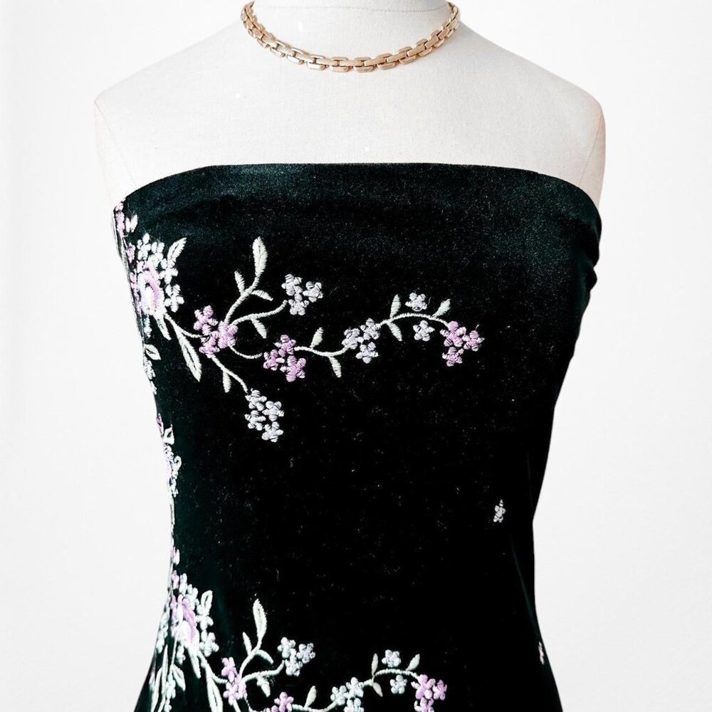 Vintage Black Strapless Velvet Floral Embroidered Maxi Bodycon Slit Dress S/M/L - Picture 7 of 9